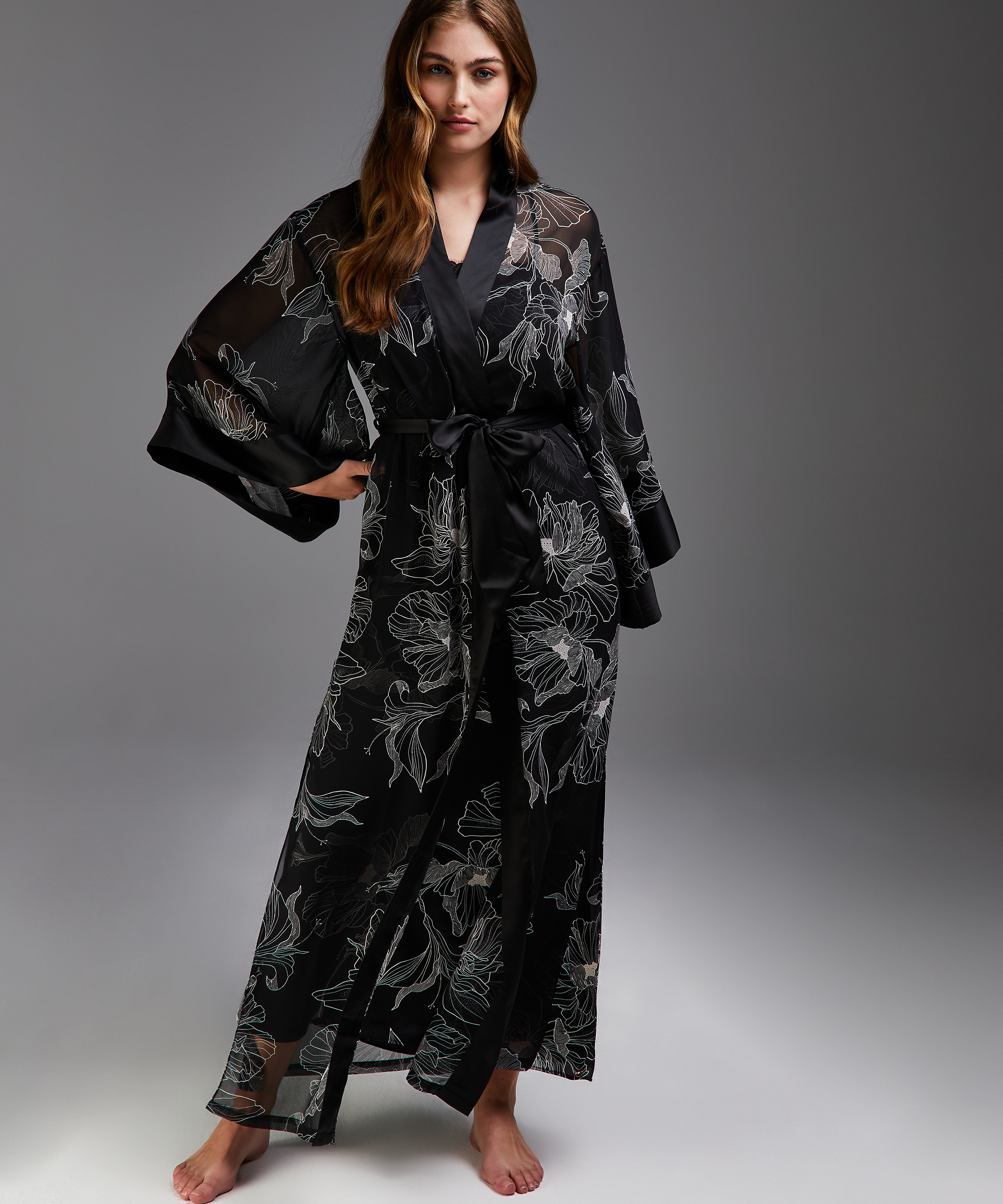 Kimono largo de gasa lotus, Negro, main
