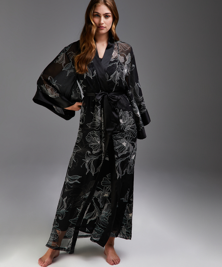 Kimono largo de gasa lotus, Negro