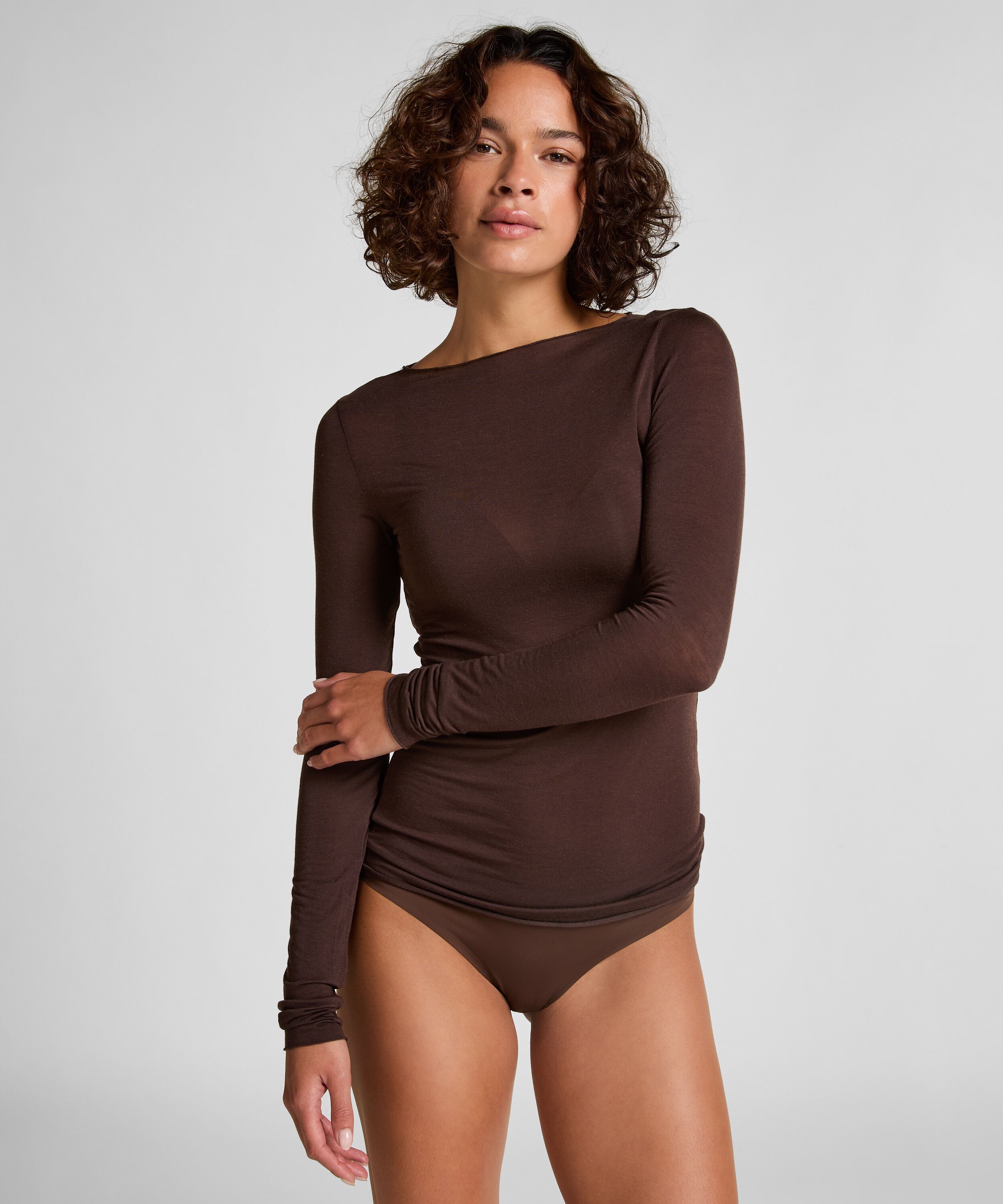 Camiseta super suave de cashmere con escote barco, Marrón Camiseta super suave de cashmere con escote barco, Marrón