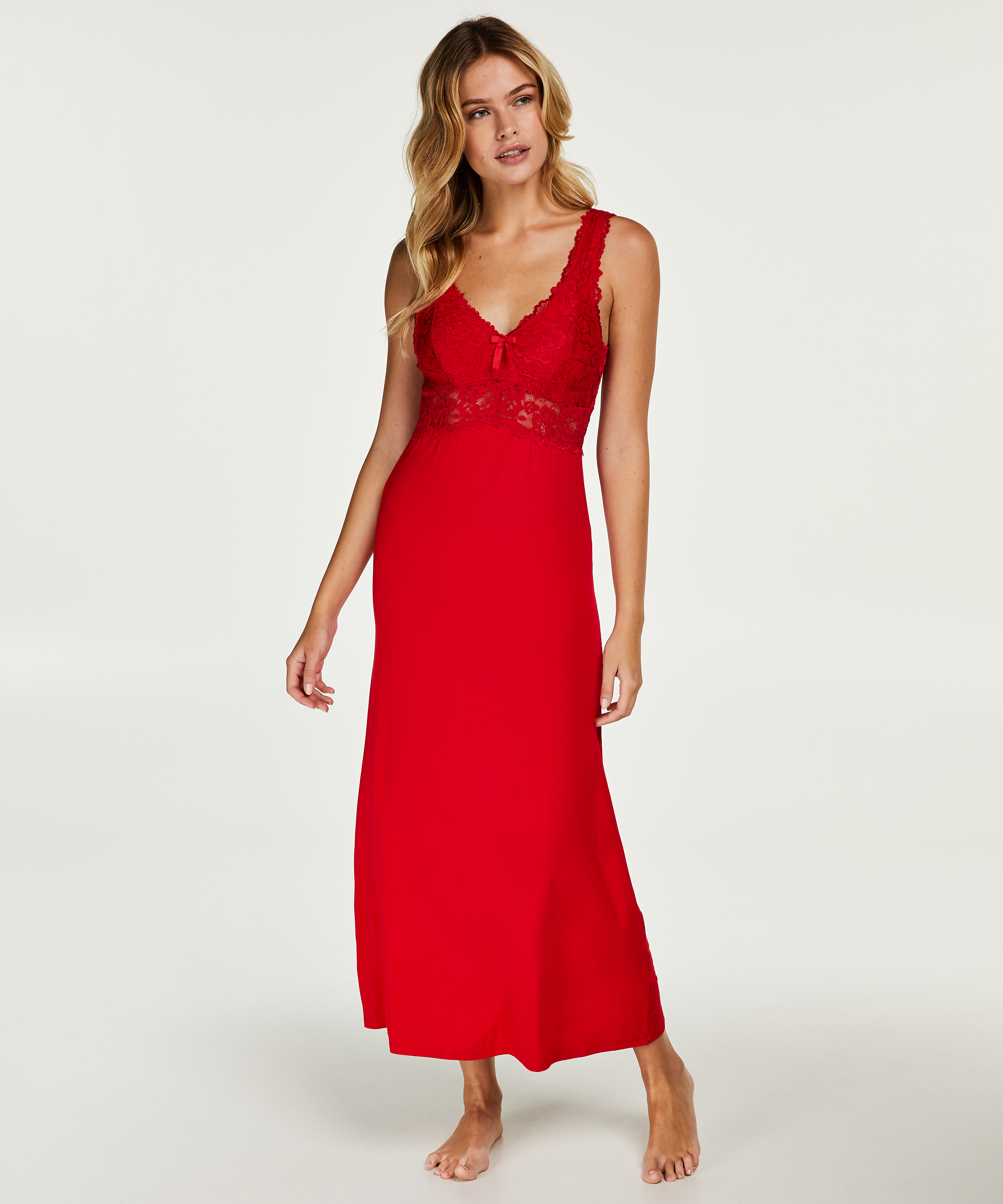 Vestido combinación largo Modal Lace, Rojo, main