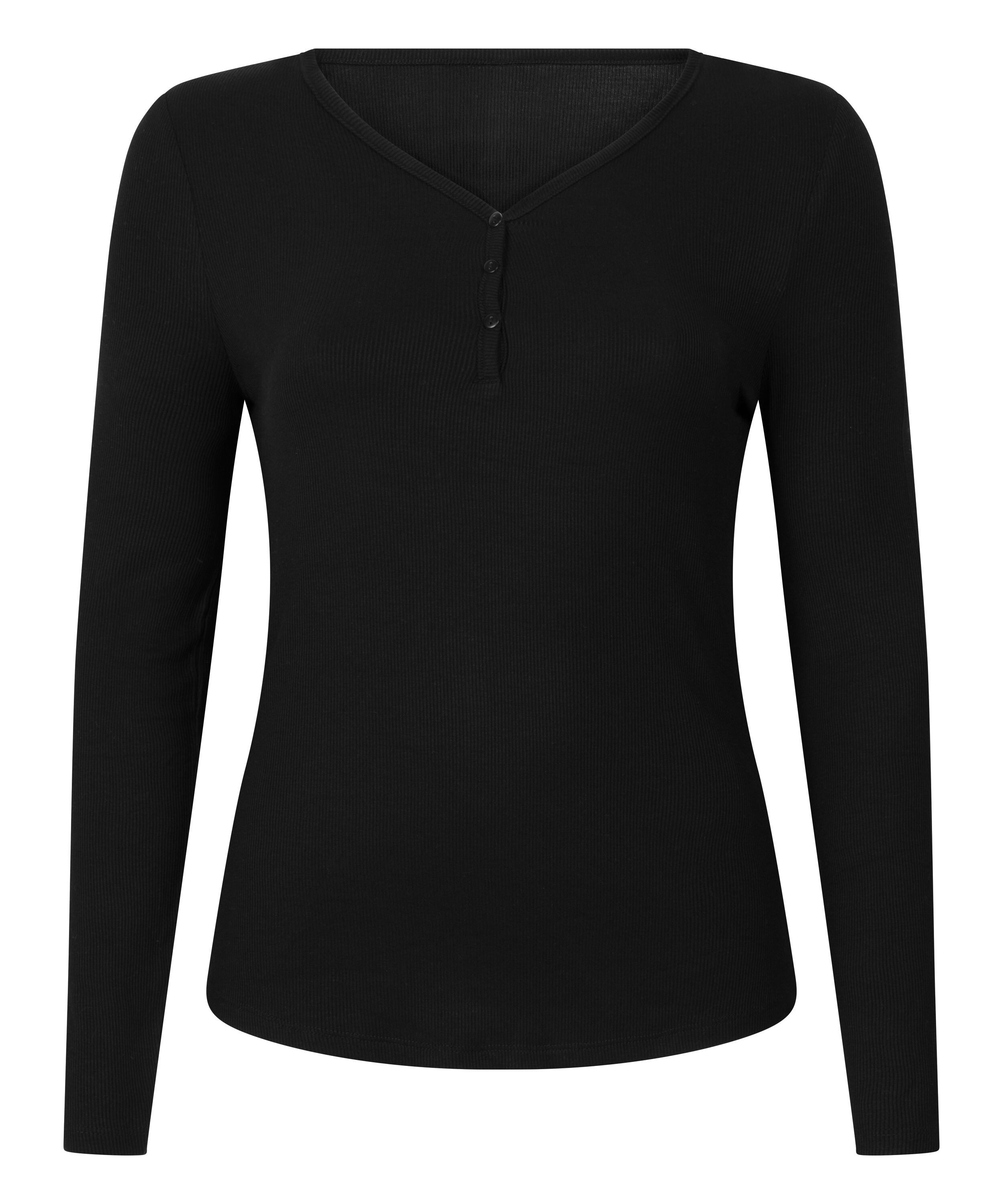 Top de pijama de manga larga Henley, Negro