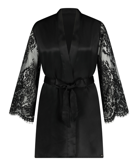 Kimono de encaje Sleeve Seda, Negro