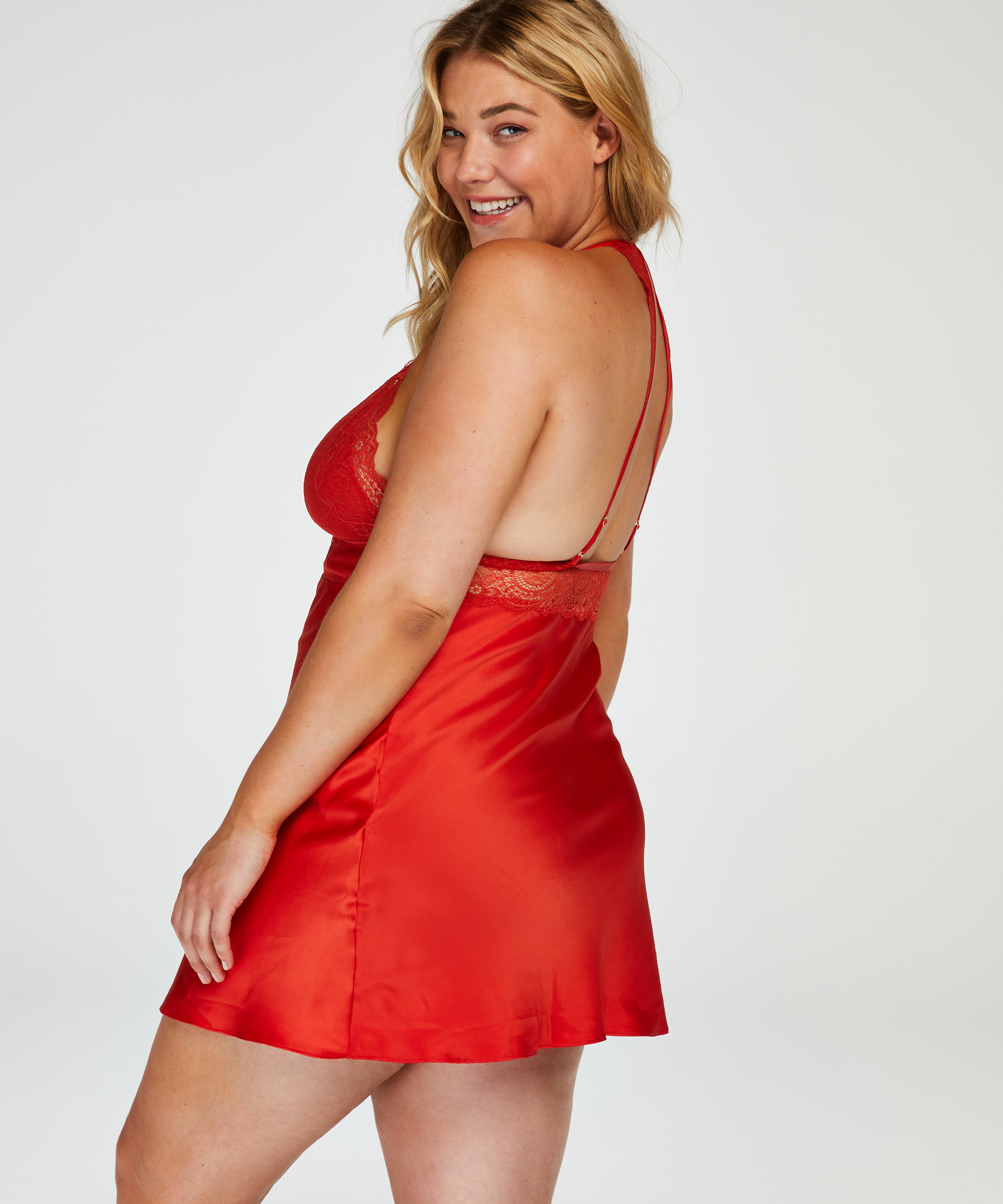 Vestido combinaci&oacute;n satinado con encaje, Rojo, main