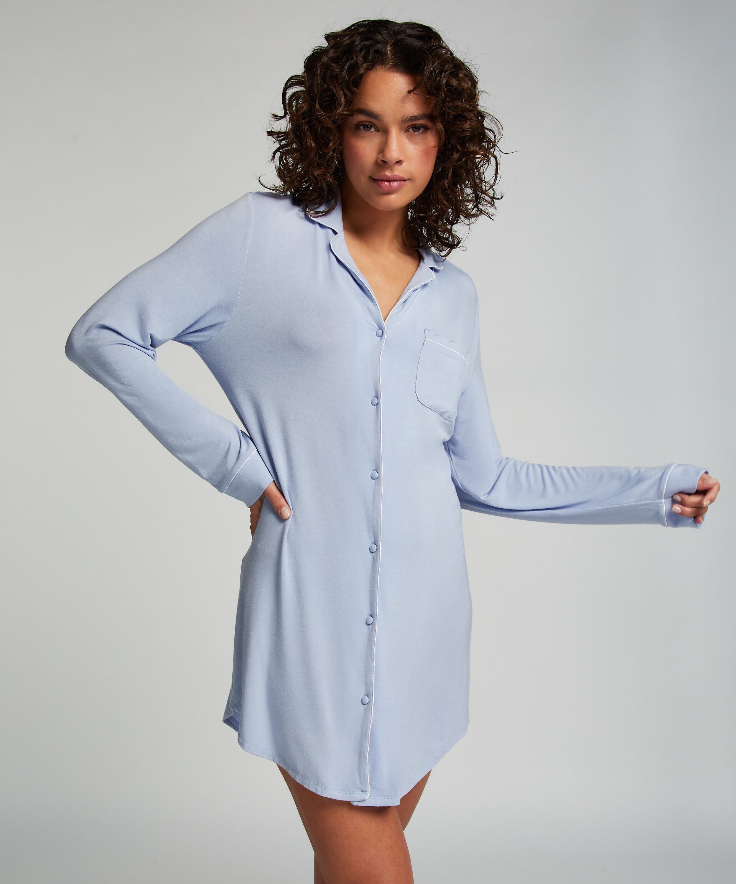 Vestido camisero de manga larga de jersey Essential, Azul