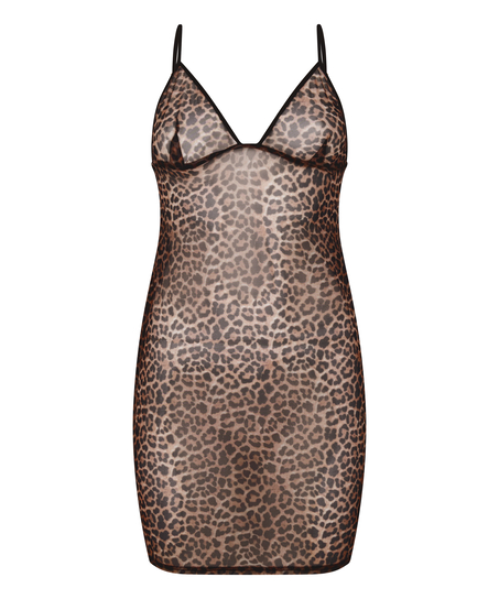 Vestido combinación de malla de leopardo, Negro