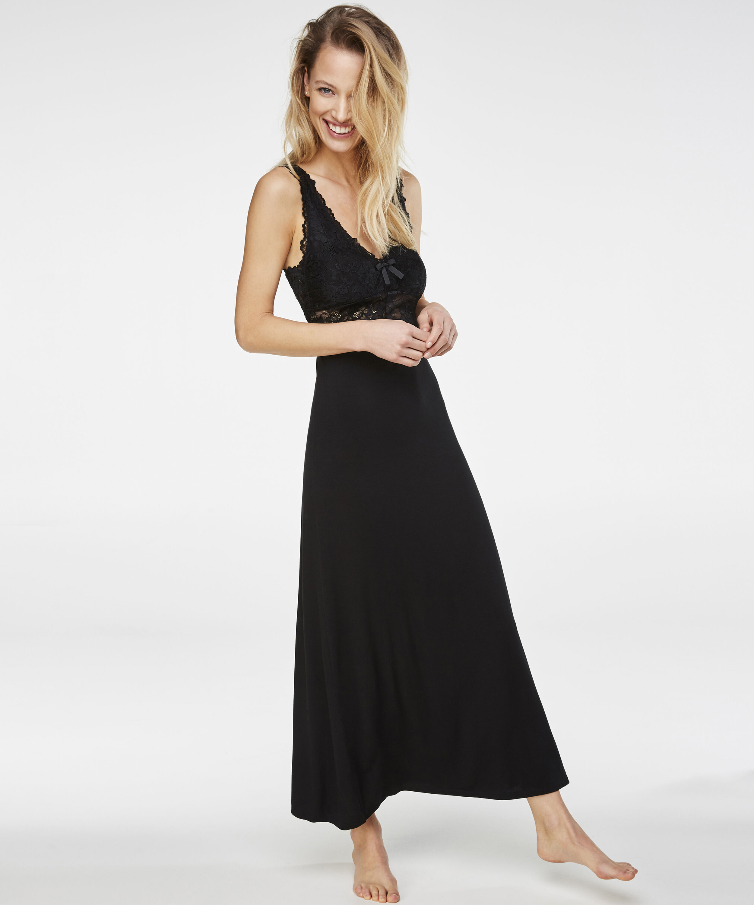 Vestido combinación largo Modal Lace, Negro