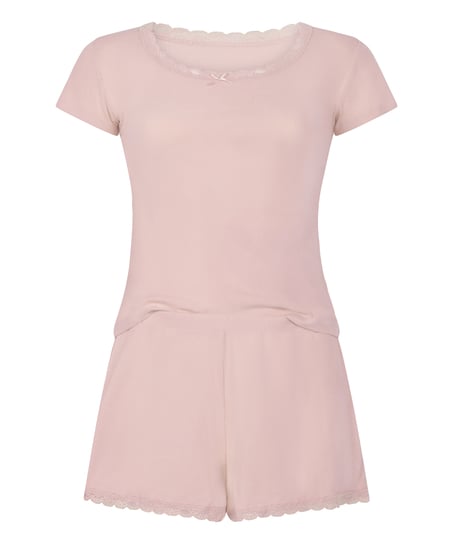 Conjunto de pijama acanalado con encaje, Rosa