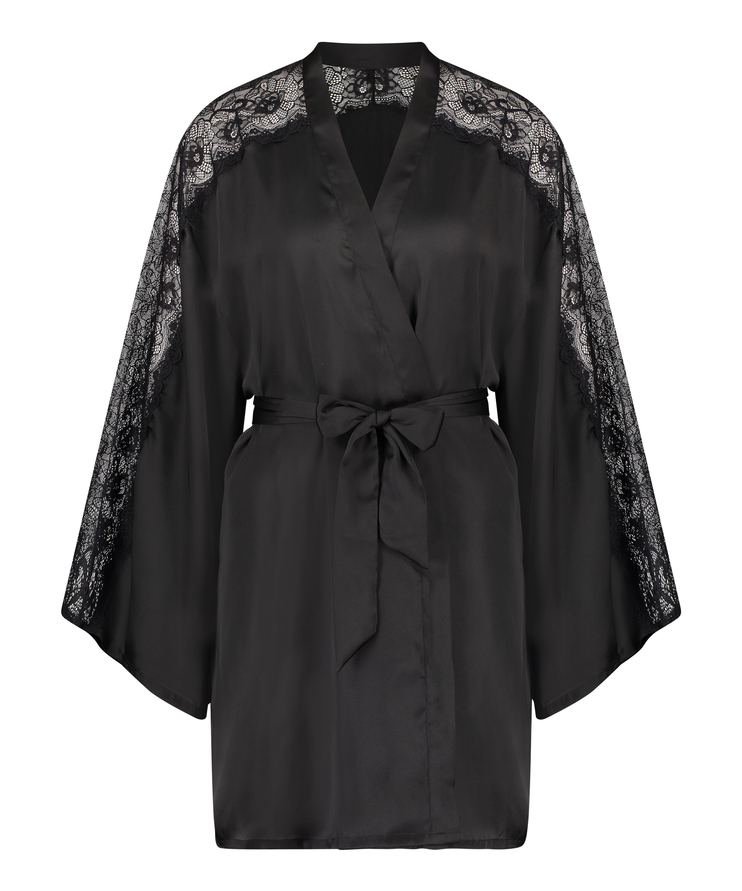 Kimono de sat&eacute;n y encaje, Negro