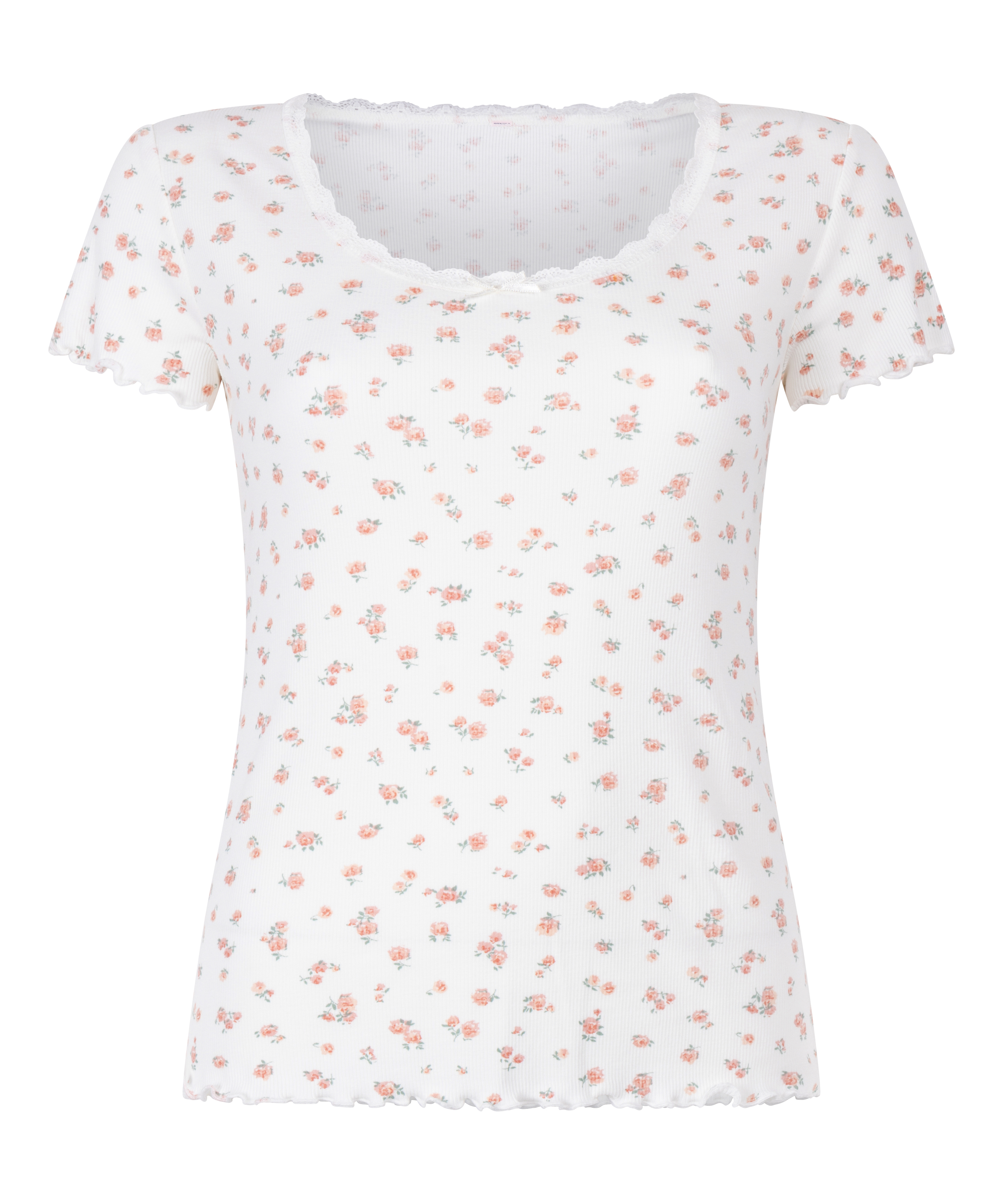 Top de manga corta con encaje acanalado, Blanco, main