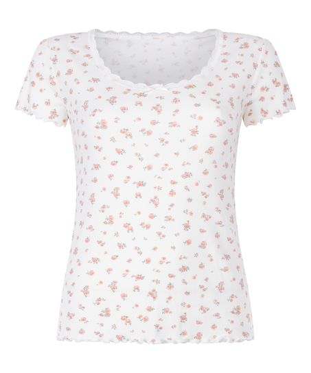 Top de manga corta con encaje acanalado, Blanco