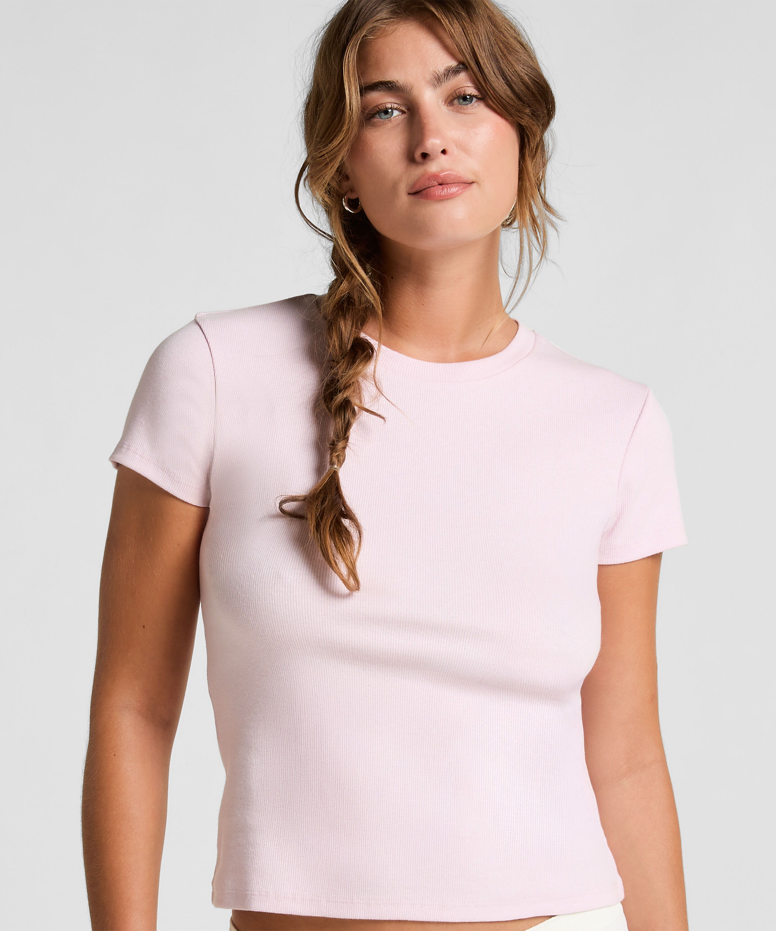 Top de pijama de manga corta rib crew neck, Rosa
