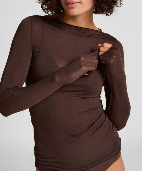 Camiseta super suave de cachemir con escote barco, Marr&oacute;n