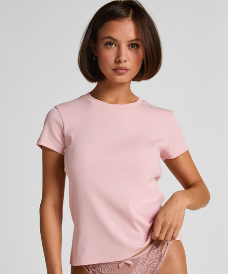 Top de pijama de manga corta rib crew neck, Rosa