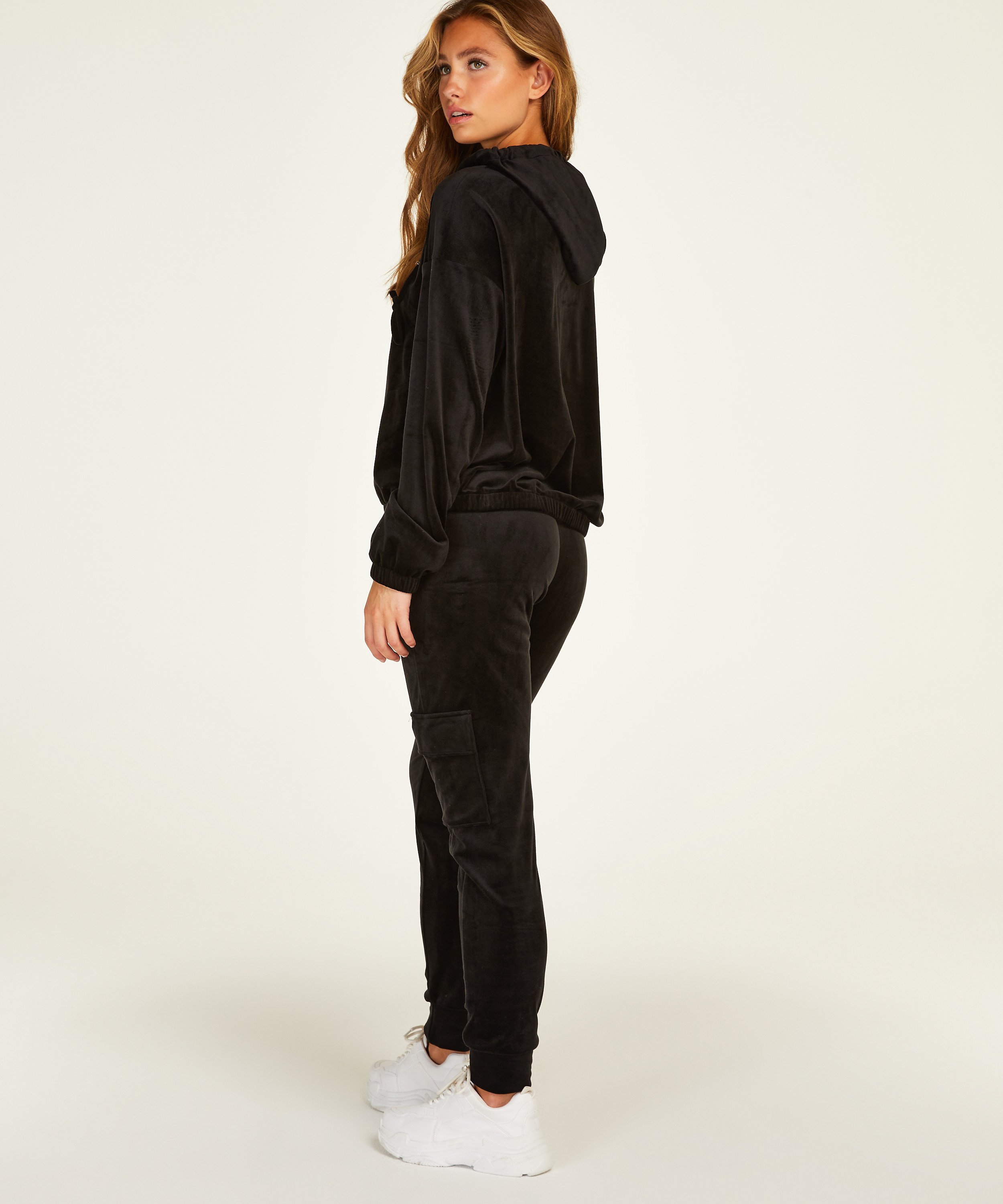 Chaqueta con capucha de terciopelo, Negro, main