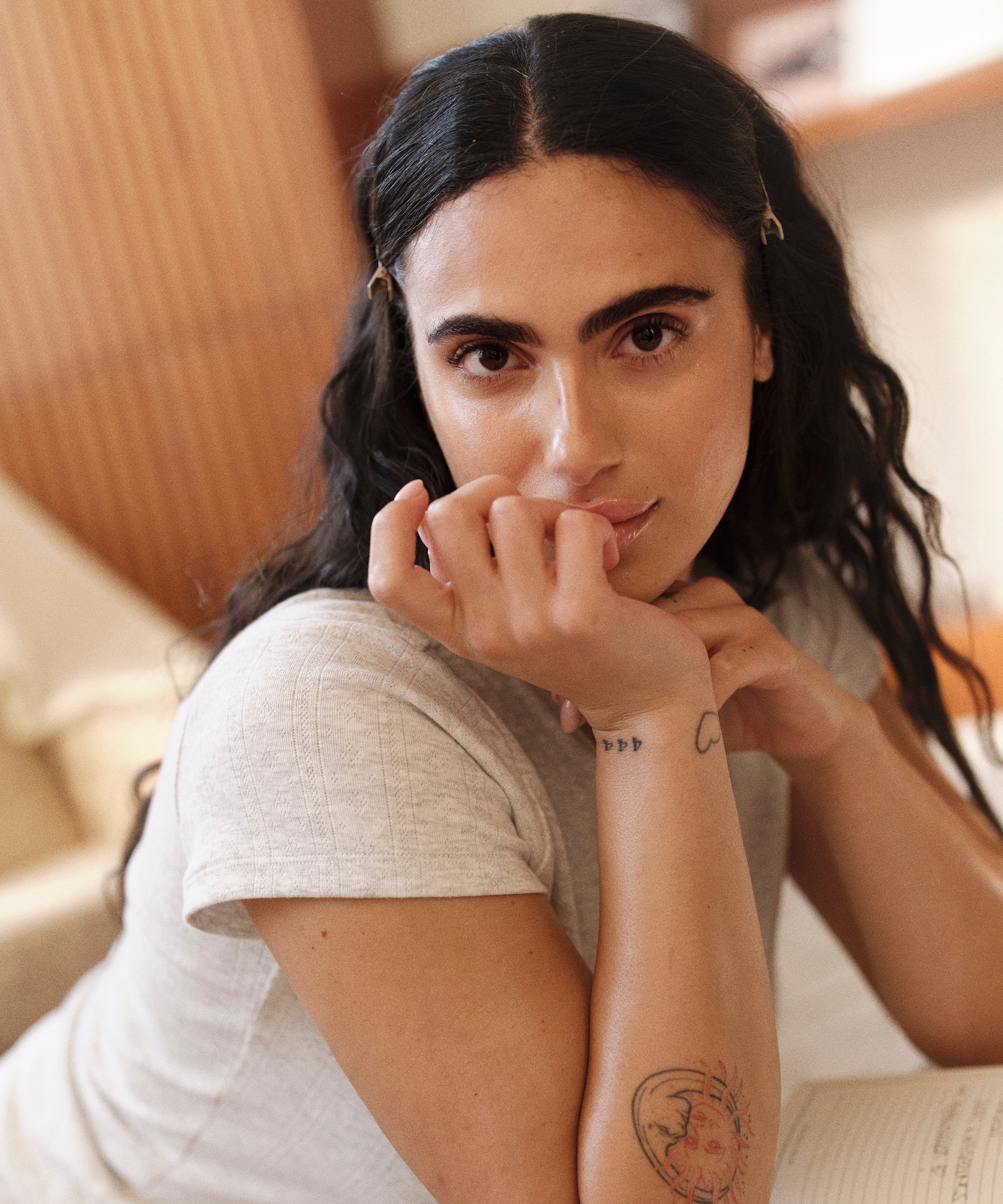 Top en pointelle, Gris, main