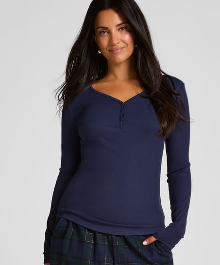 Top de pijama de manga larga Henley, Azul