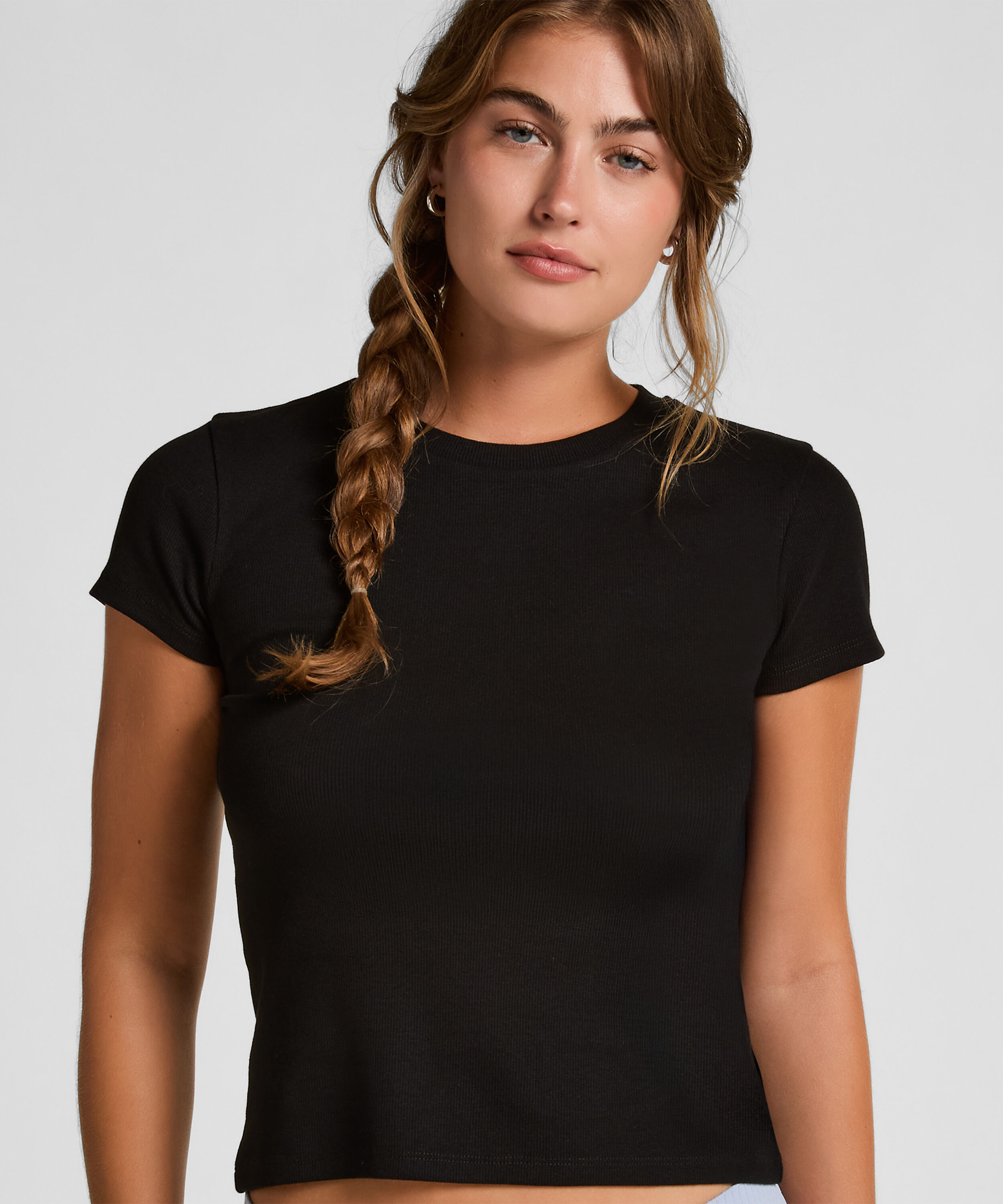 Top de pijama de manga corta rib crew neck, Negro