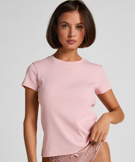 Top de pijama de manga corta rib crew neck, Rosa