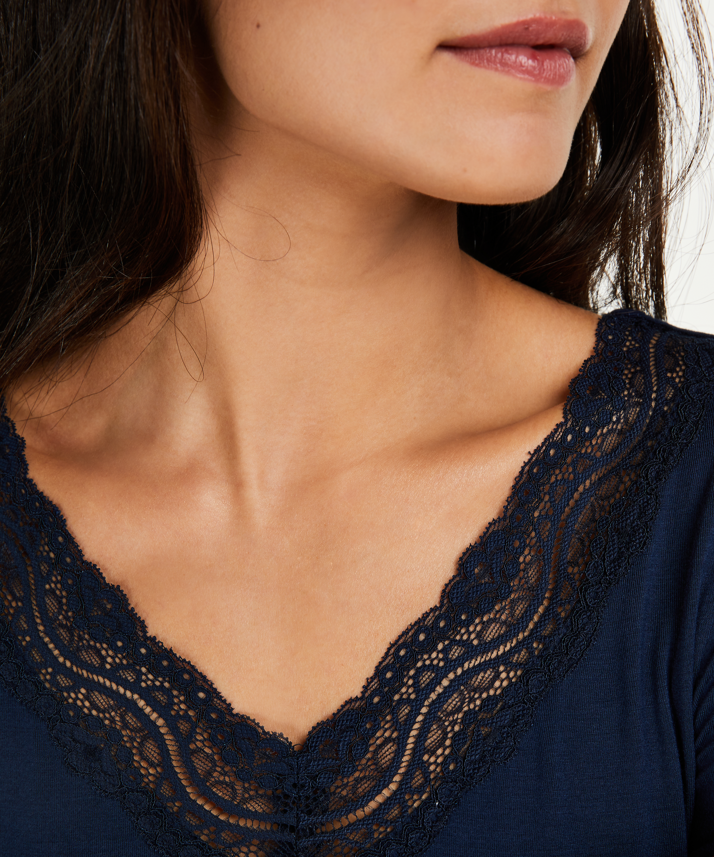 Top de manga larga con cuello en forma de V, Azul, main