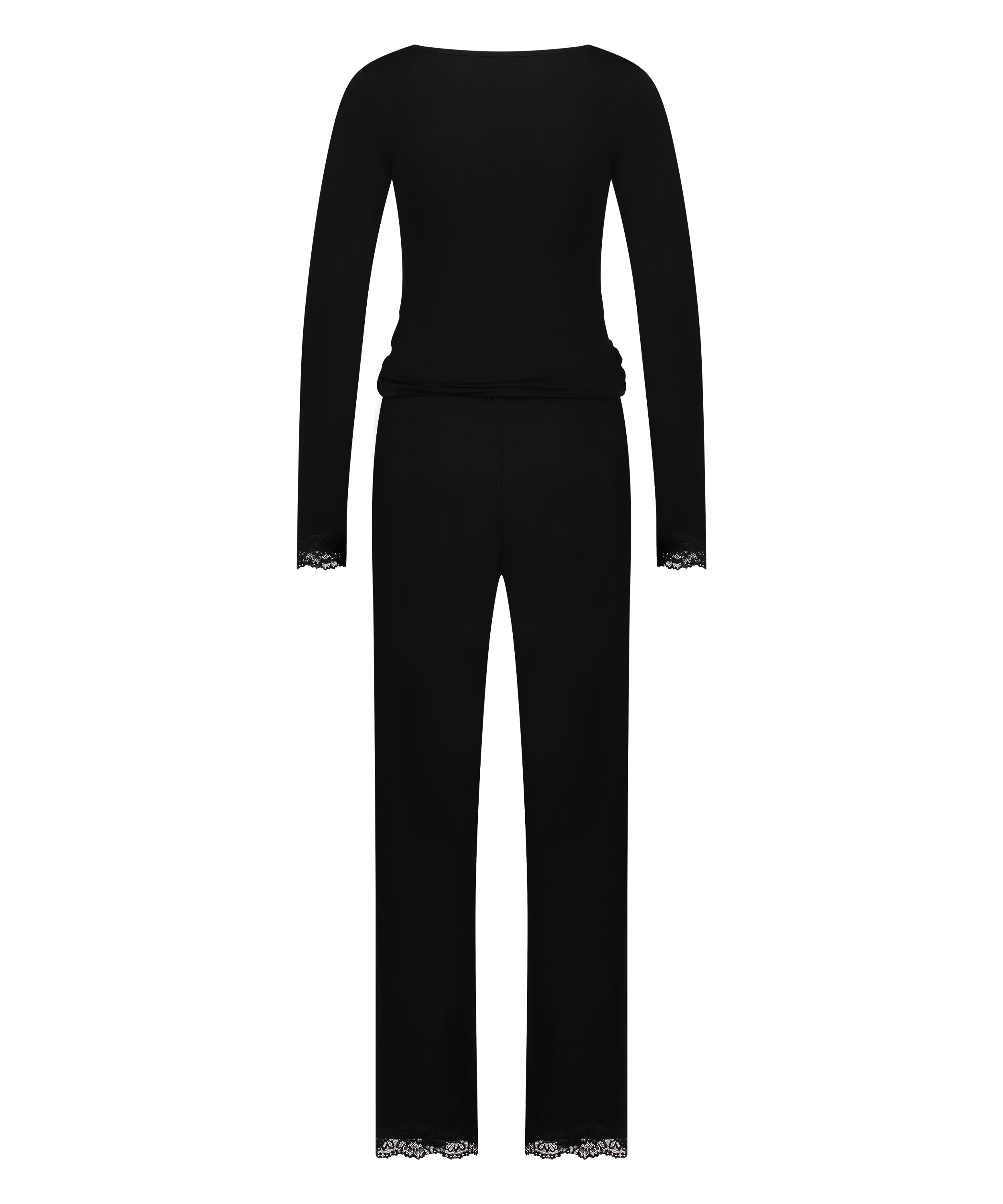 Conjunto de pijama de encaje de manga larga, Negro, main