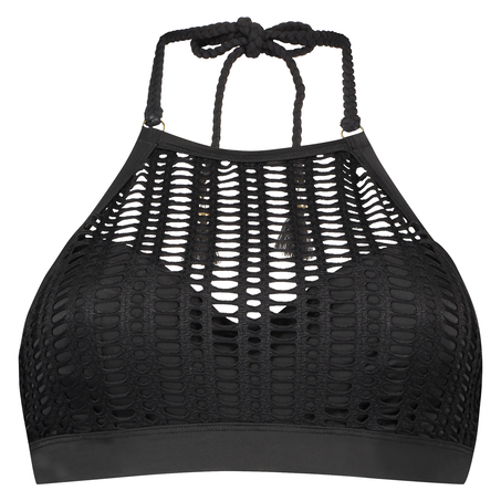Top de bikini corto con aros Borneo Mesh, Negro