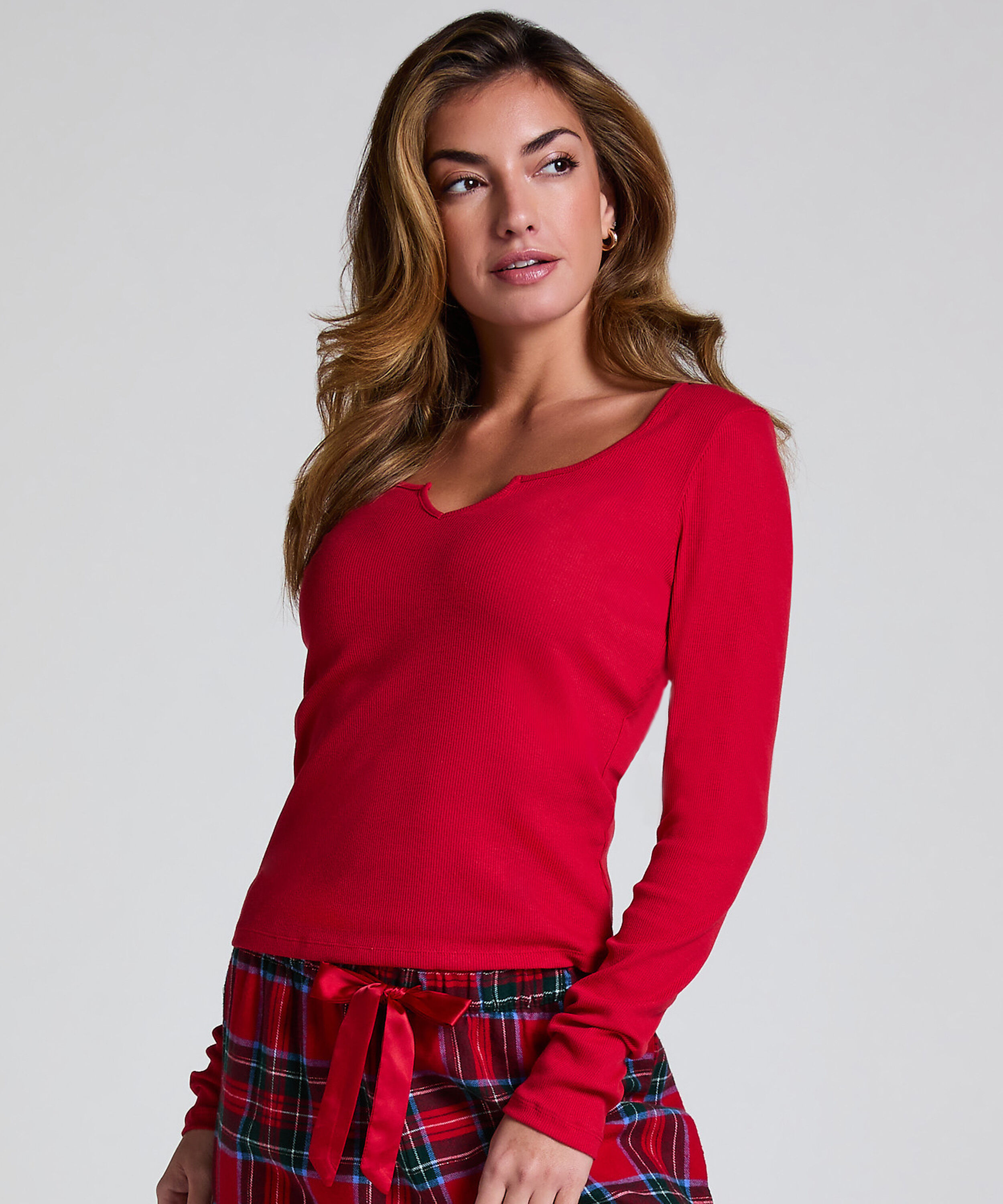 Top V-neck long sleeves, Rojo