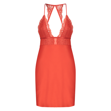 Vestido combinaci&oacute;n satinado con encaje, Rojo