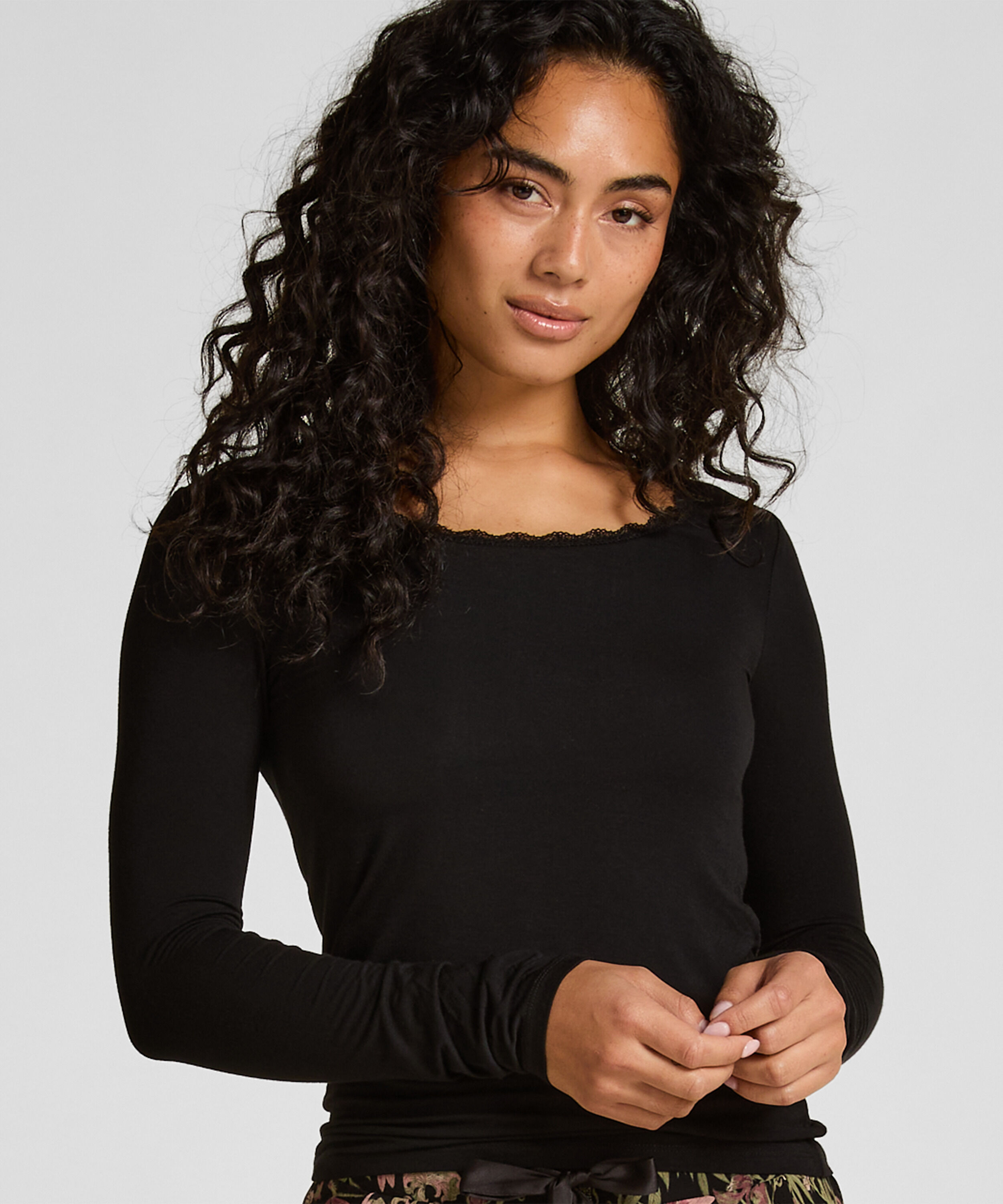 Top de pijama de punto de manga larga, Negro Top de pijama de punto de manga larga, Negro