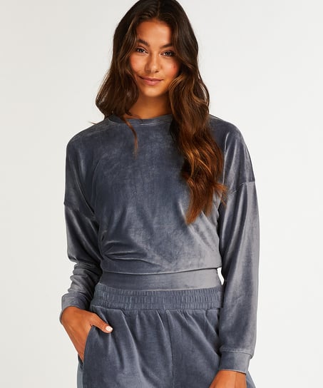 Top de terciopelo y canalé de manga larga, Azul