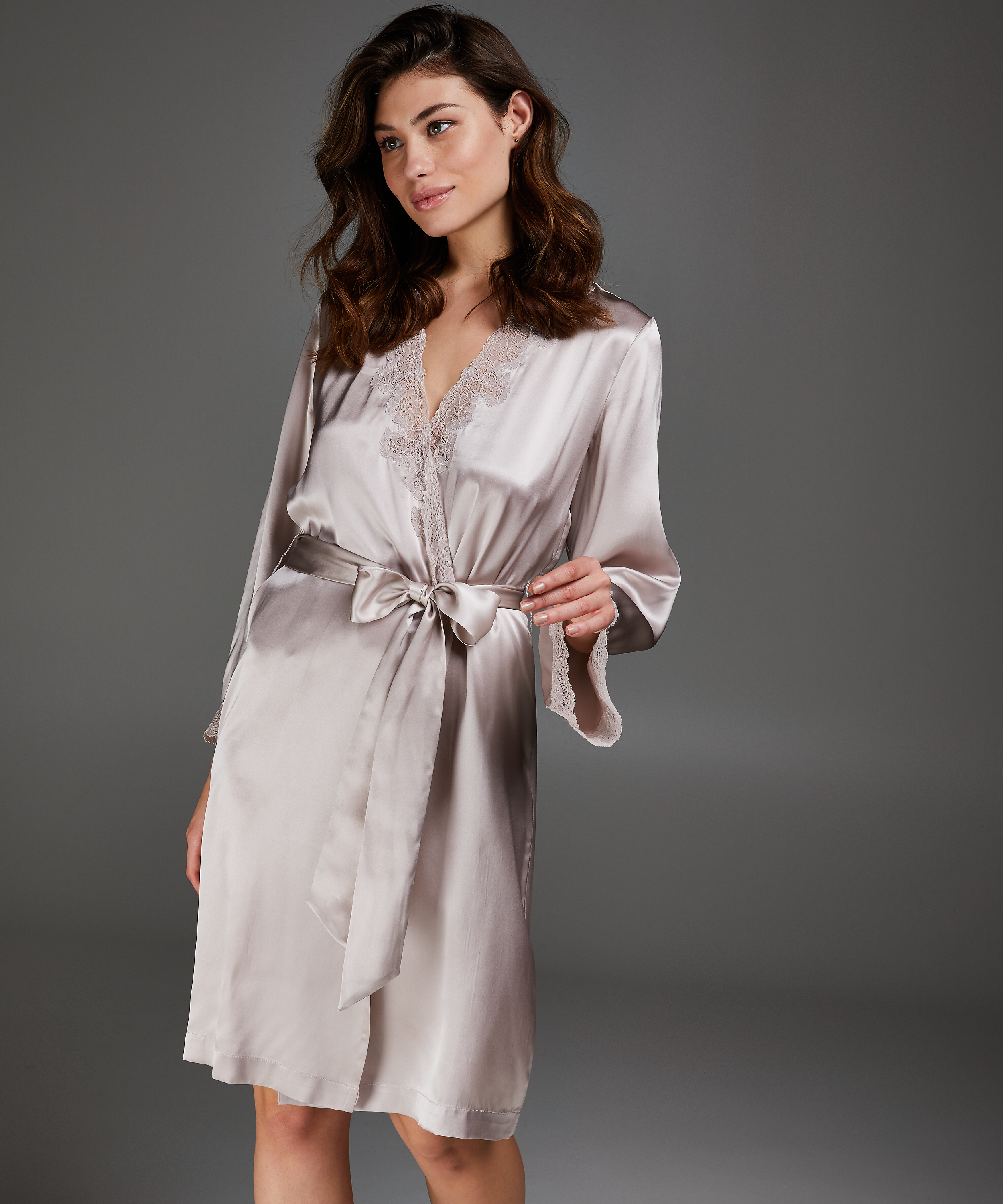 Kimono de seda y encaje trim, Rosa, main