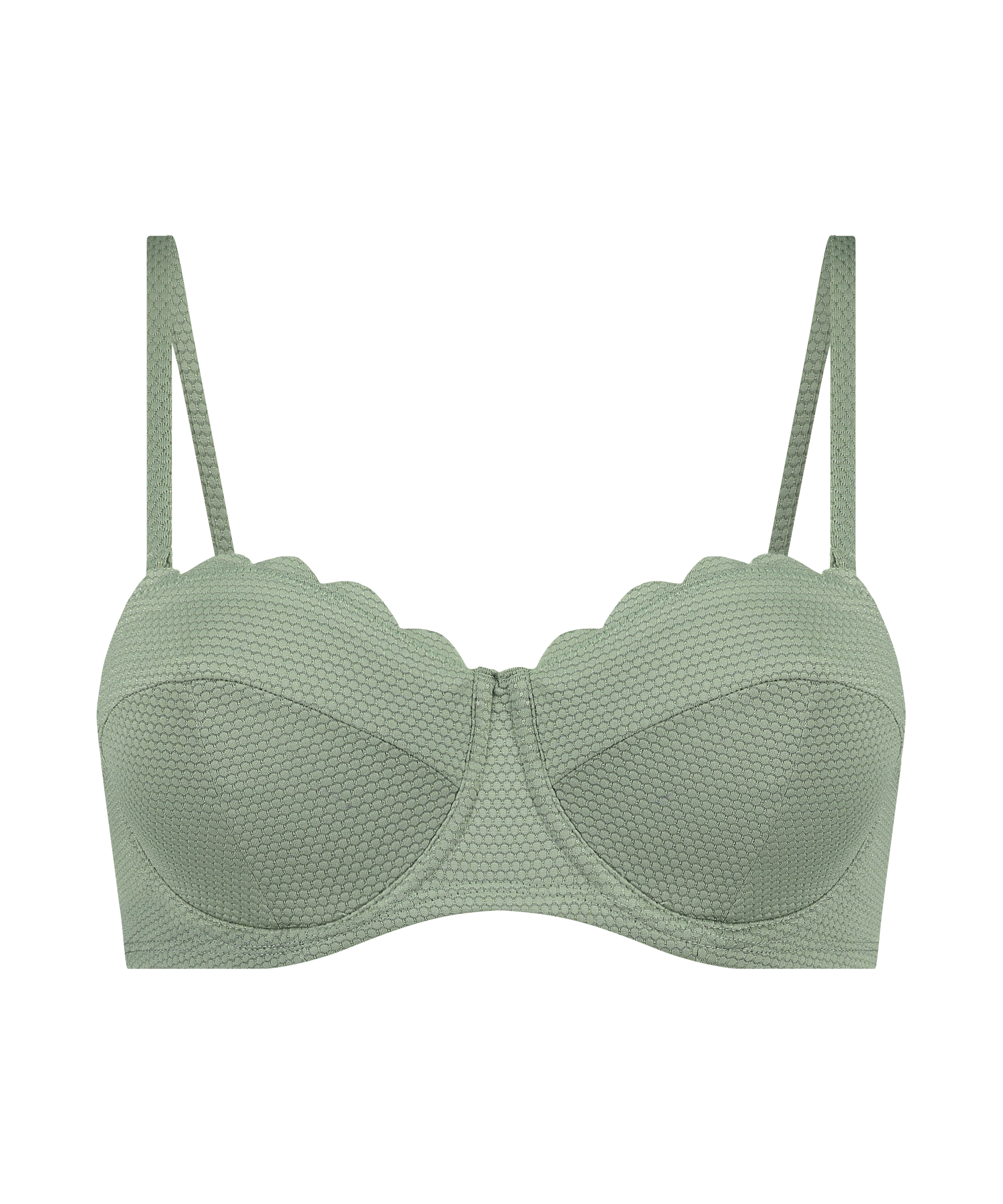 Top de bikini con aros, sin tiras y acolchado Scallop Copa E +, Verde, main