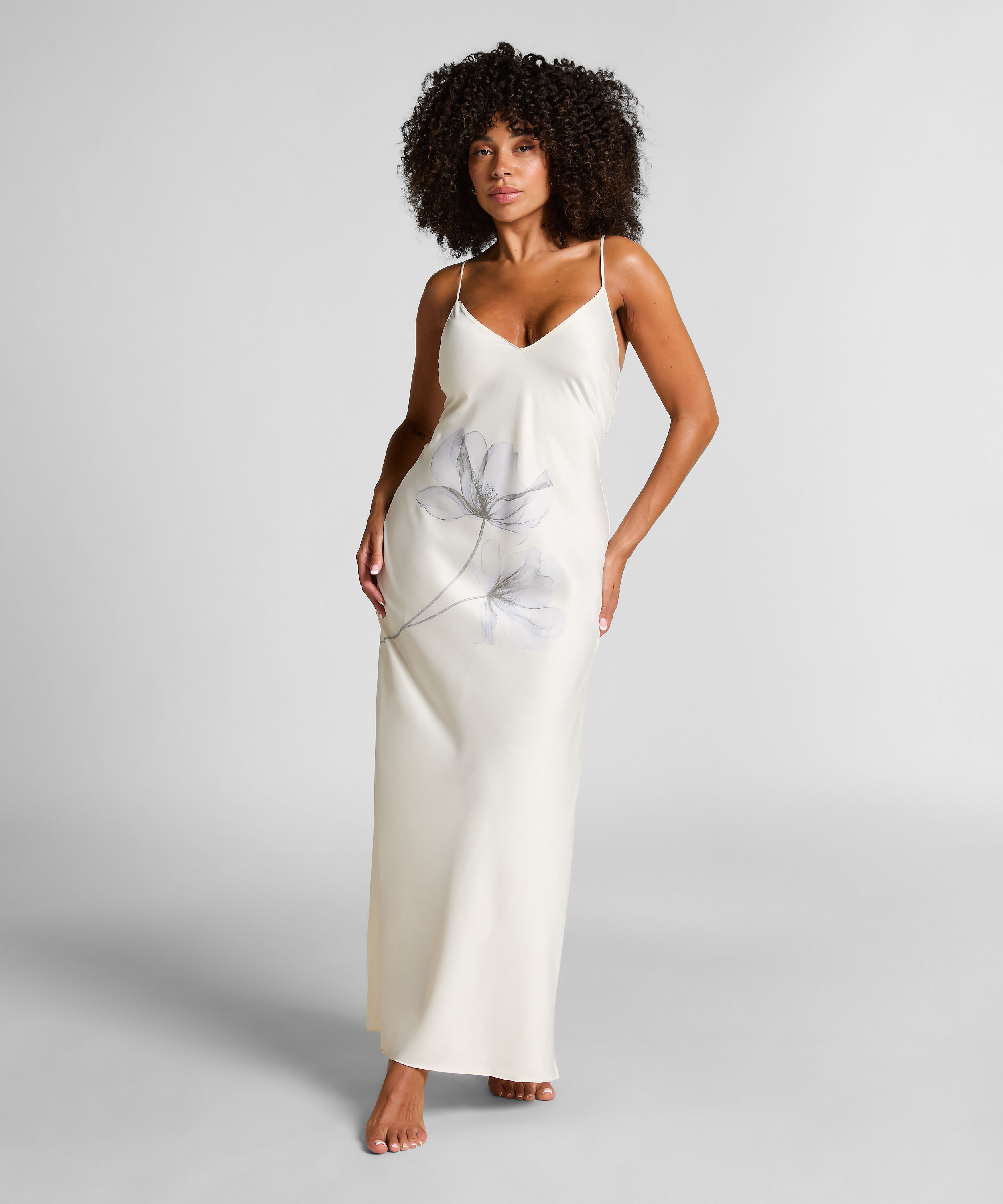 Slipdress largo de satén floral, Blanco