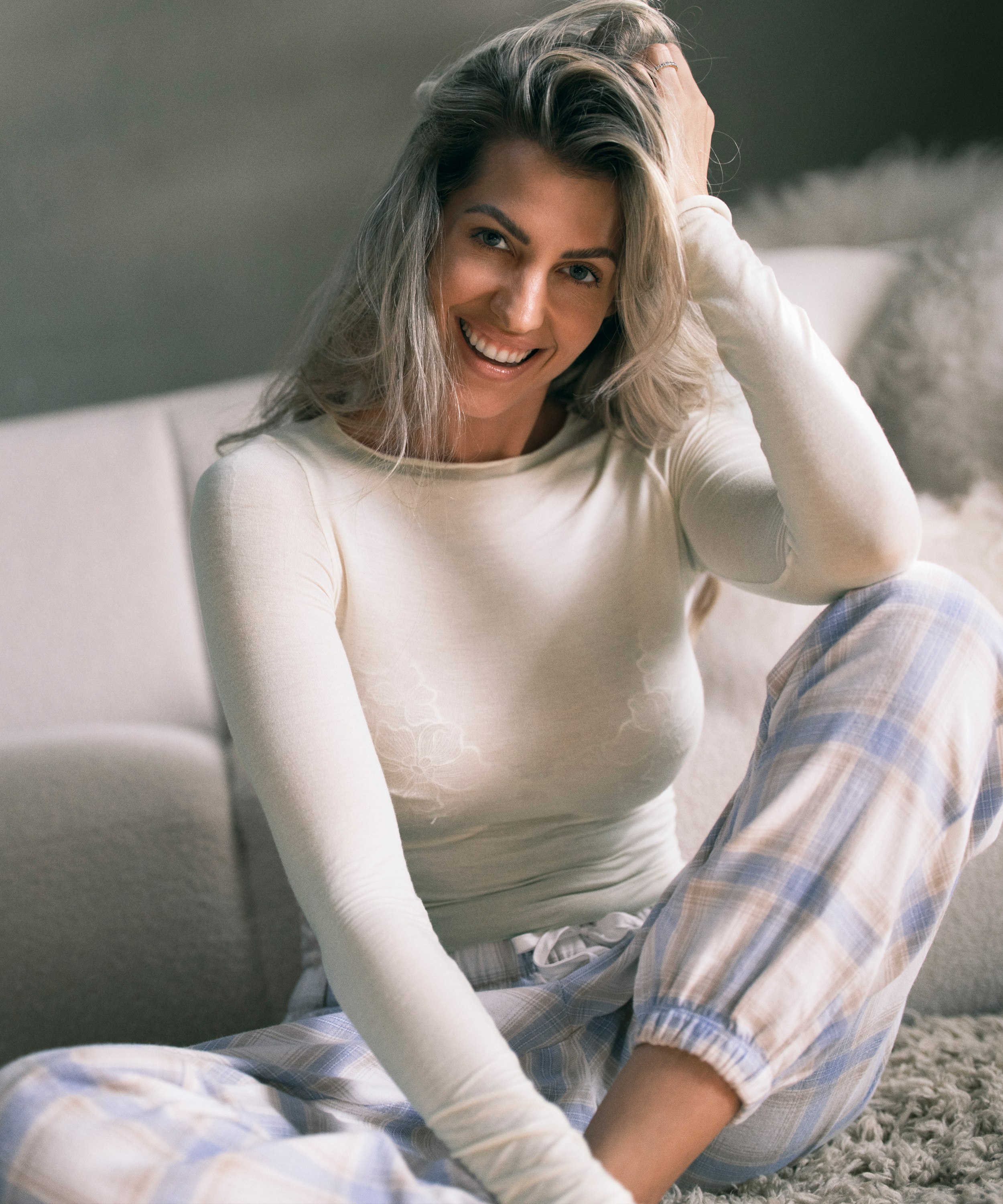 Petite Pantal&oacute;n de pijama Twill Check, Azul, main