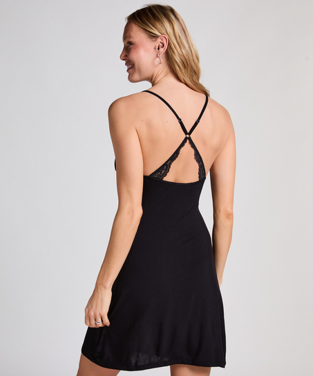 Vestido camisero de punto con encaje atrás, Negro