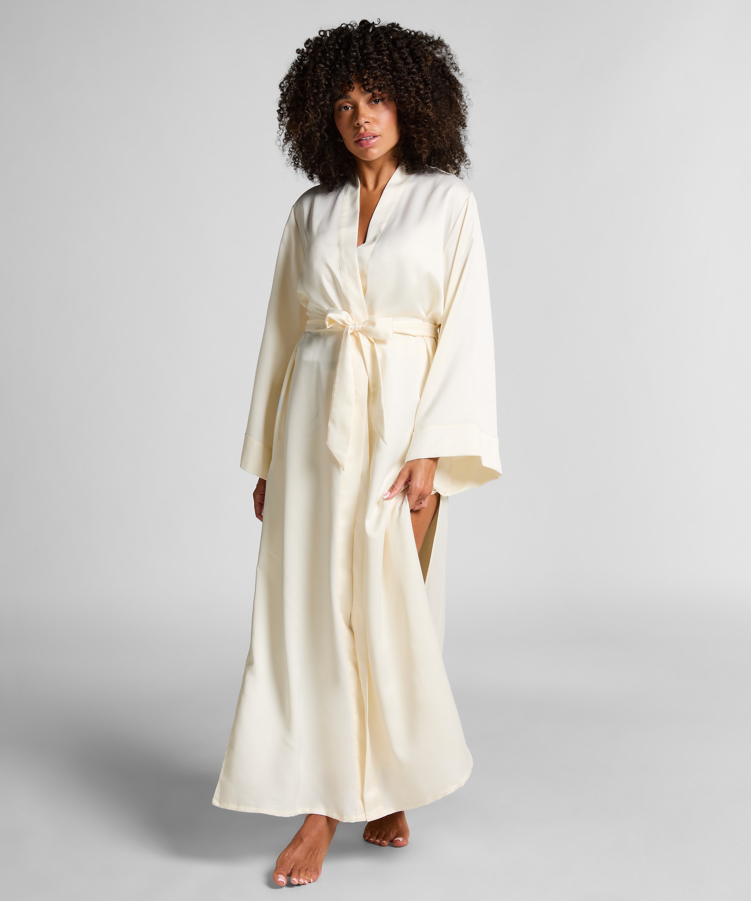 Kimono largo satinado floral, Blanco, main