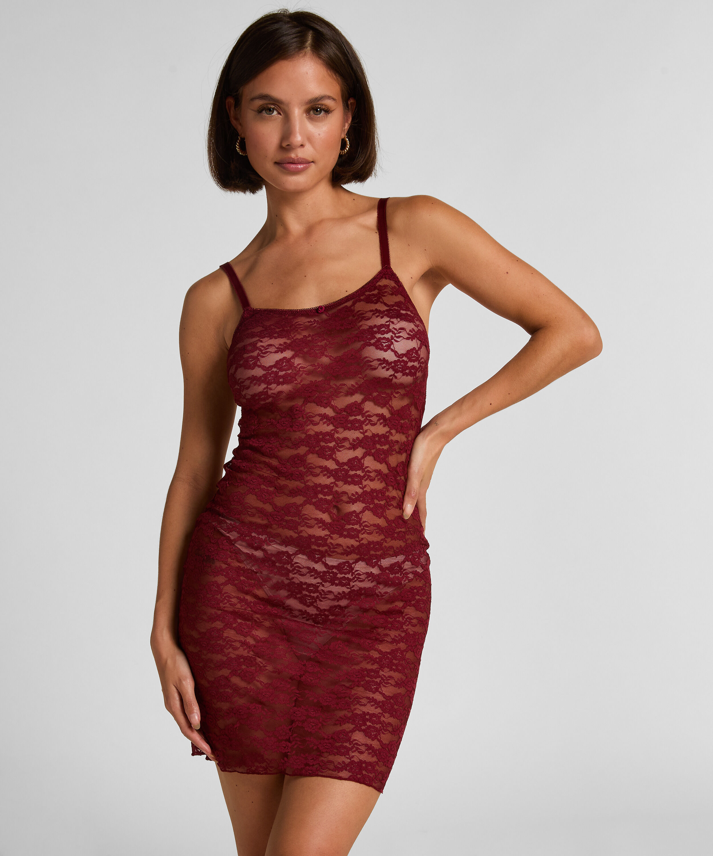 Vestido lencero de encaje integral, Rojo