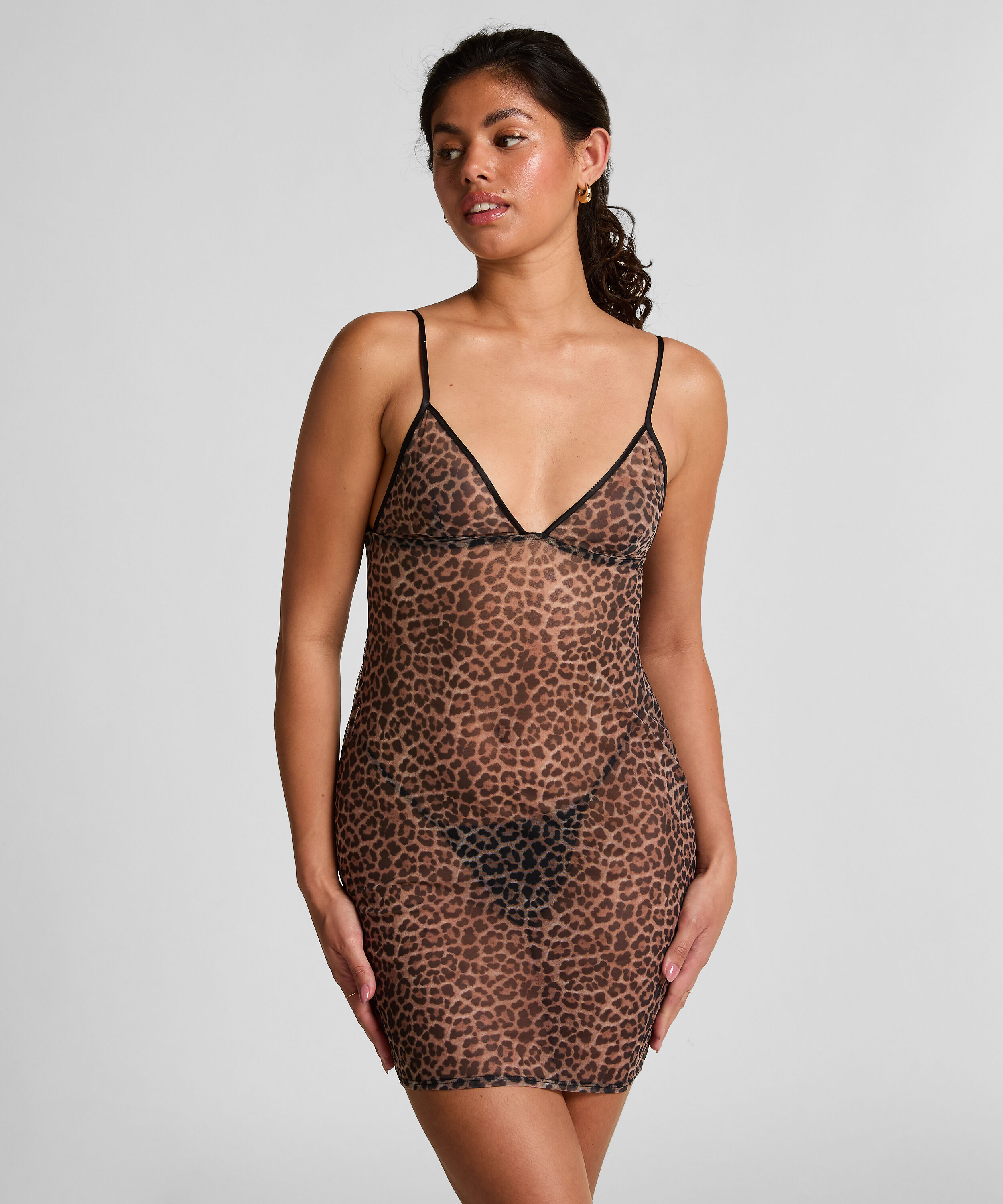 Vestido combinación de malla de leopardo, Negro