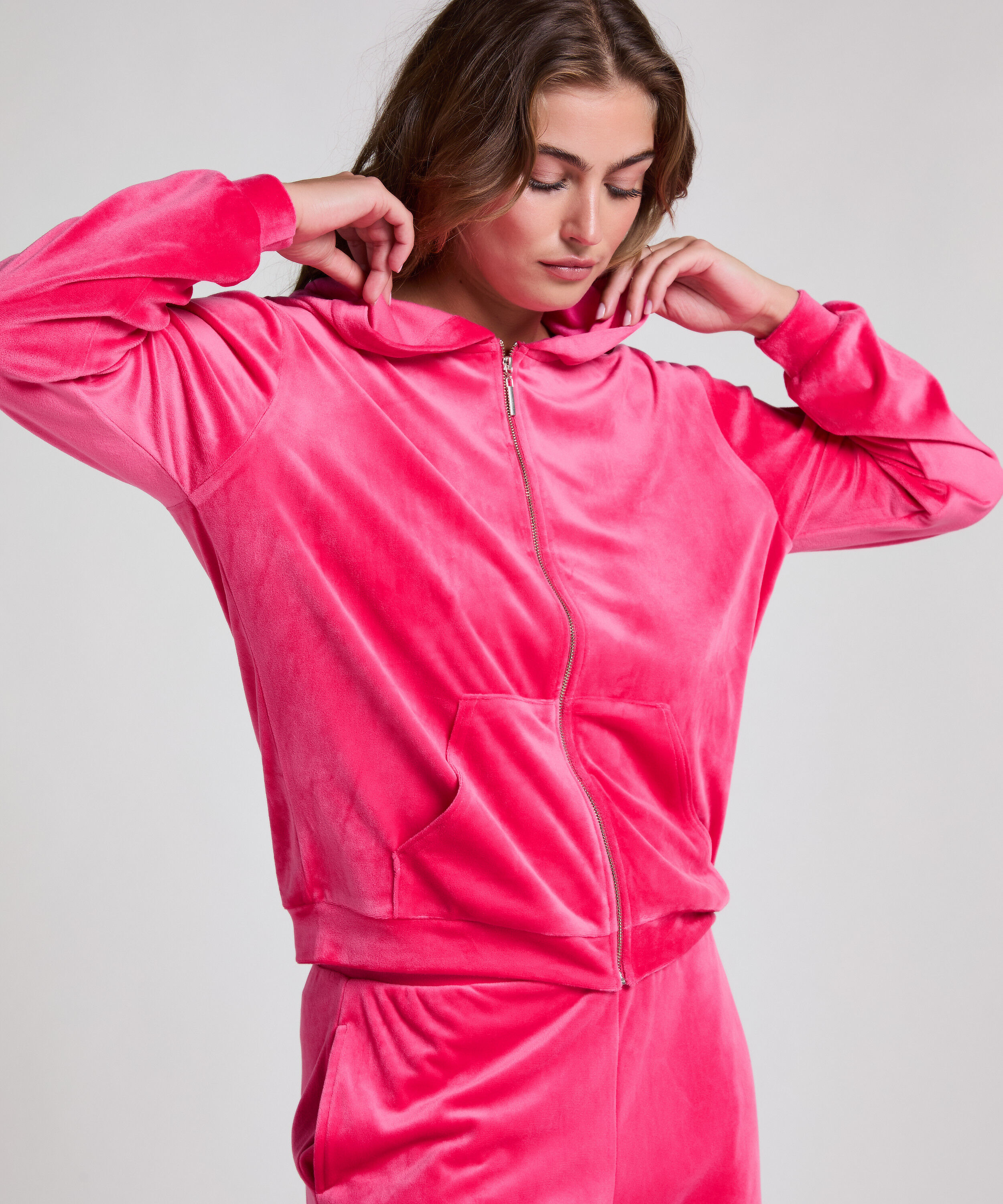 Chaqueta con capucha de terciopelo, Rosa