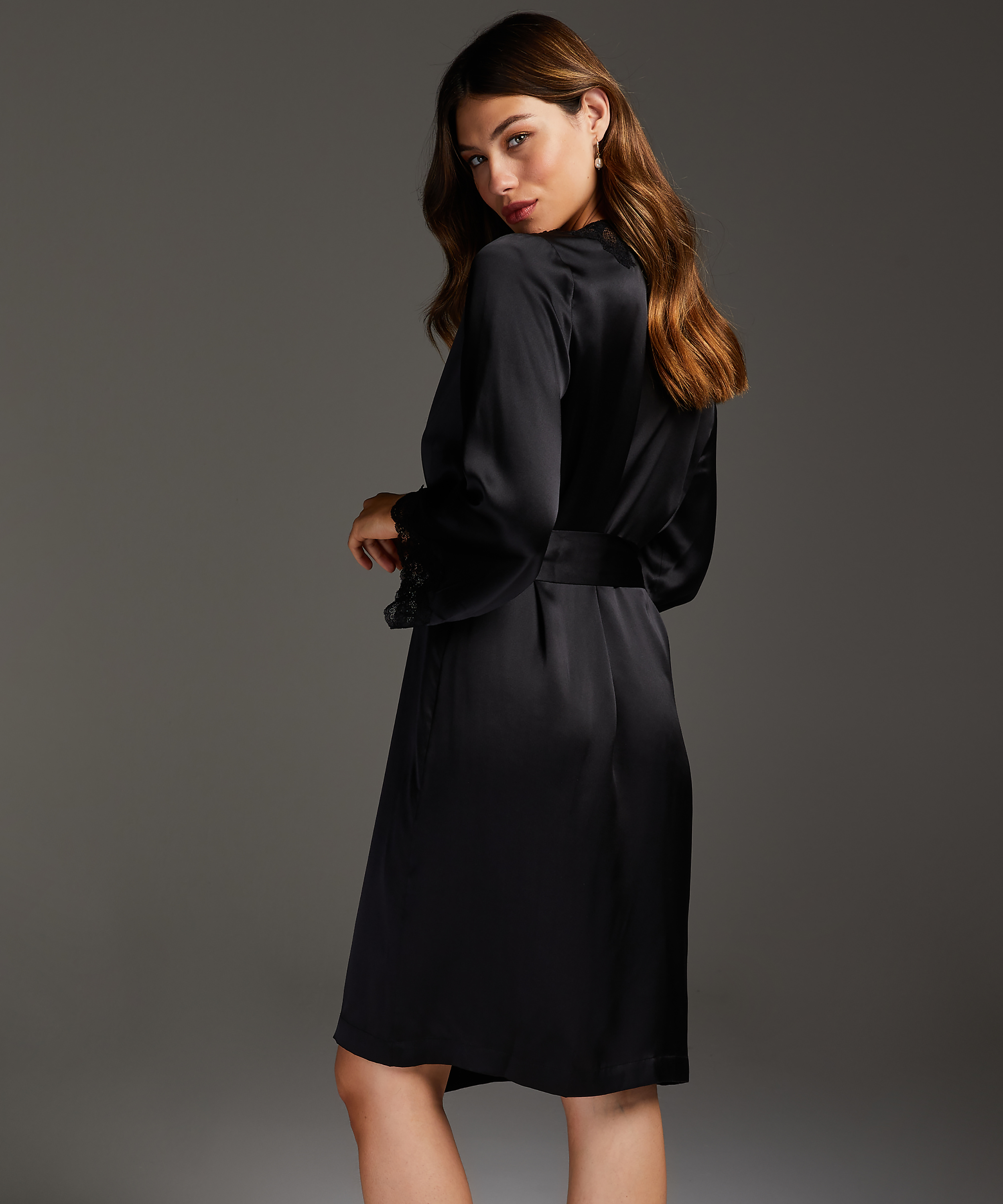 Kimono de seda y encaje trim, Negro, main