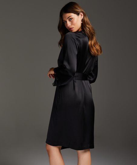 Kimono de seda y encaje trim, Negro