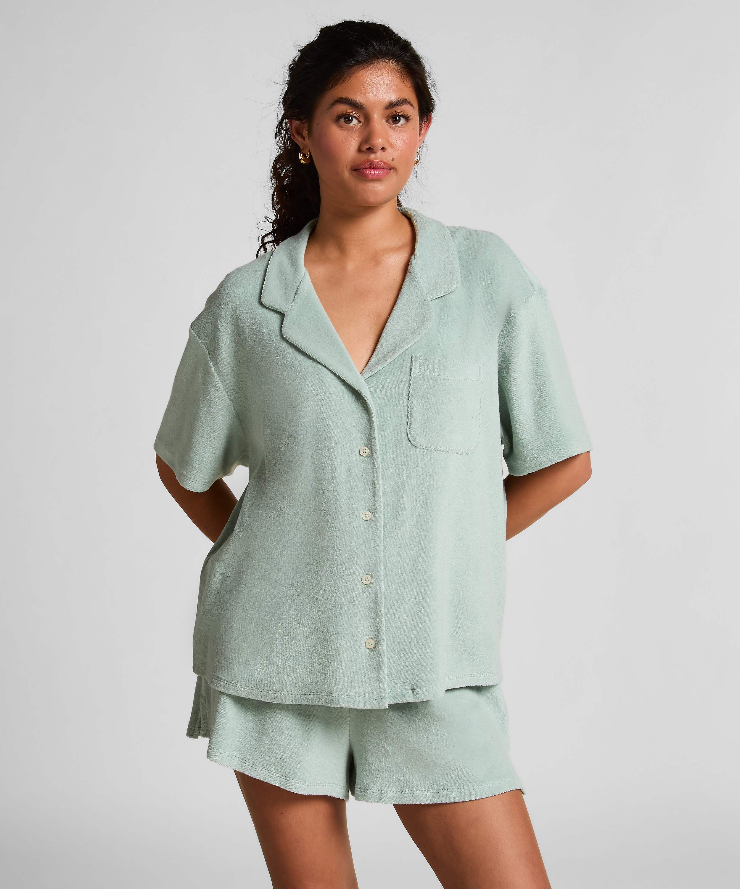 Camisa abotonada con textura de toalla, Verde, main