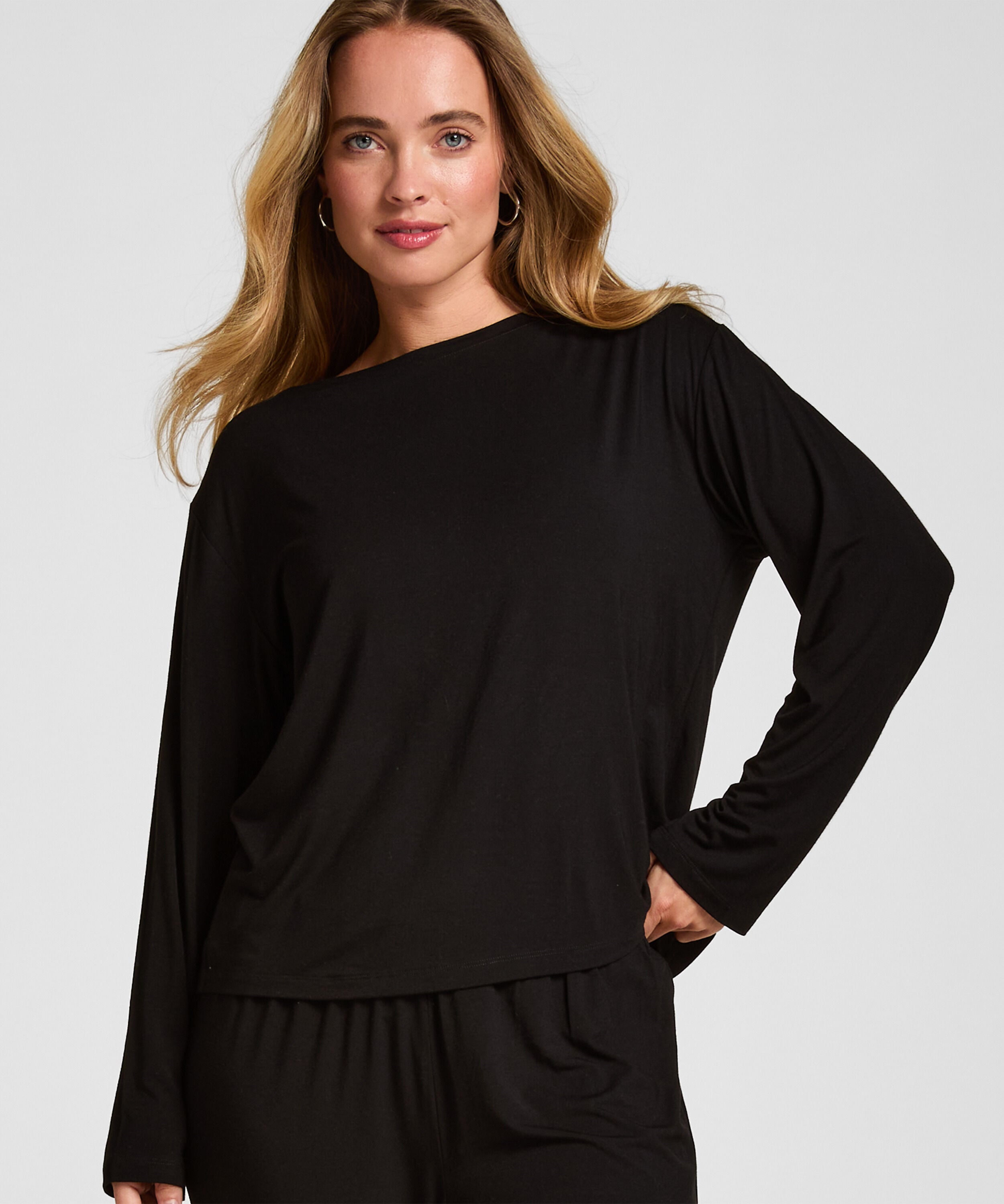 Camiseta Pijama Manga Larga Jersey, Negro