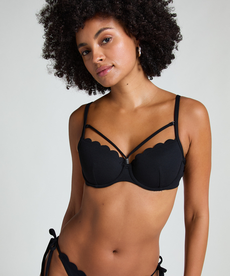 Top de bikini acolchado con aros Scallop, Negro