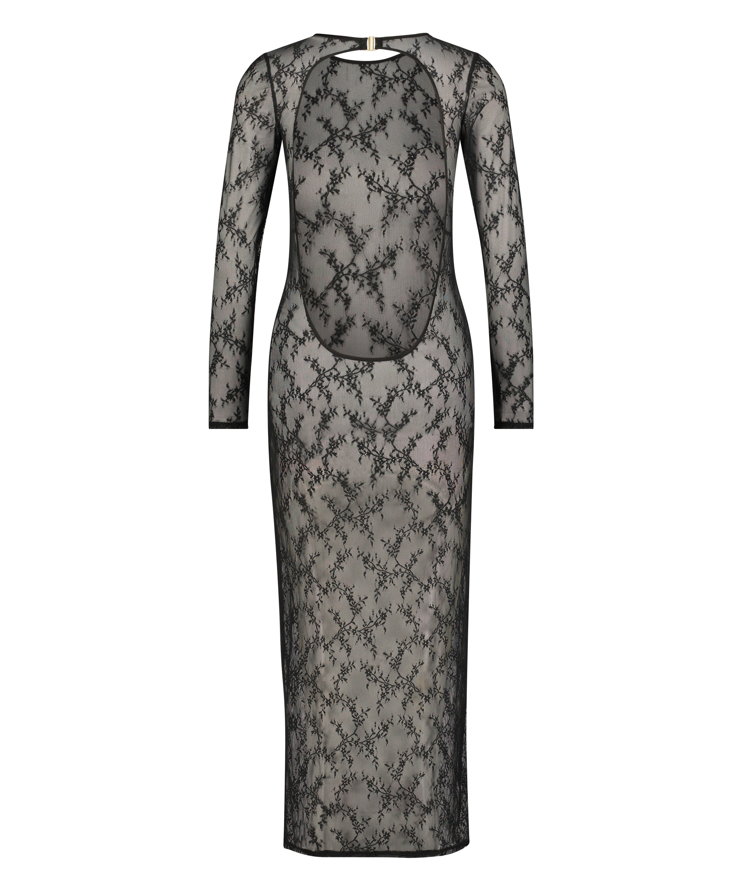 Vestido camisón bodycon de encaje de manga larga, Negro, main