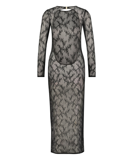 Vestido camisón bodycon de encaje de manga larga, Negro