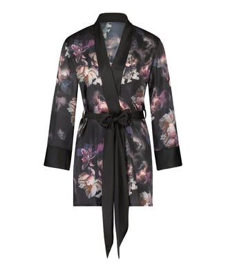 Kimono de satén Flower Lucy Hale, Negro