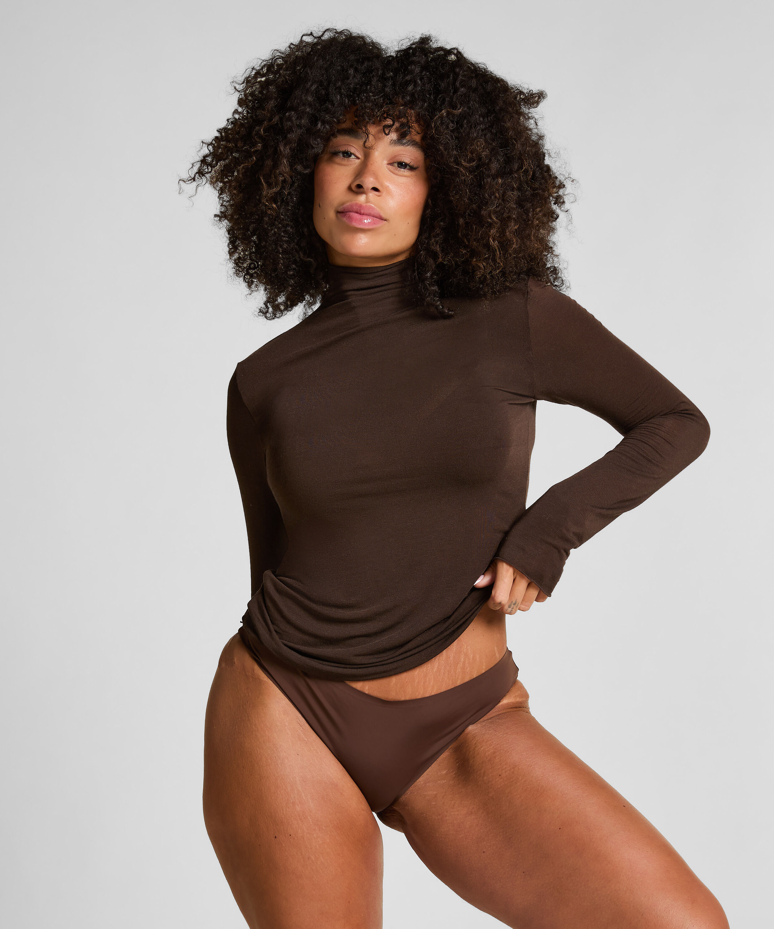 Camiseta de cachemir con cuello alto super suave, Marrón