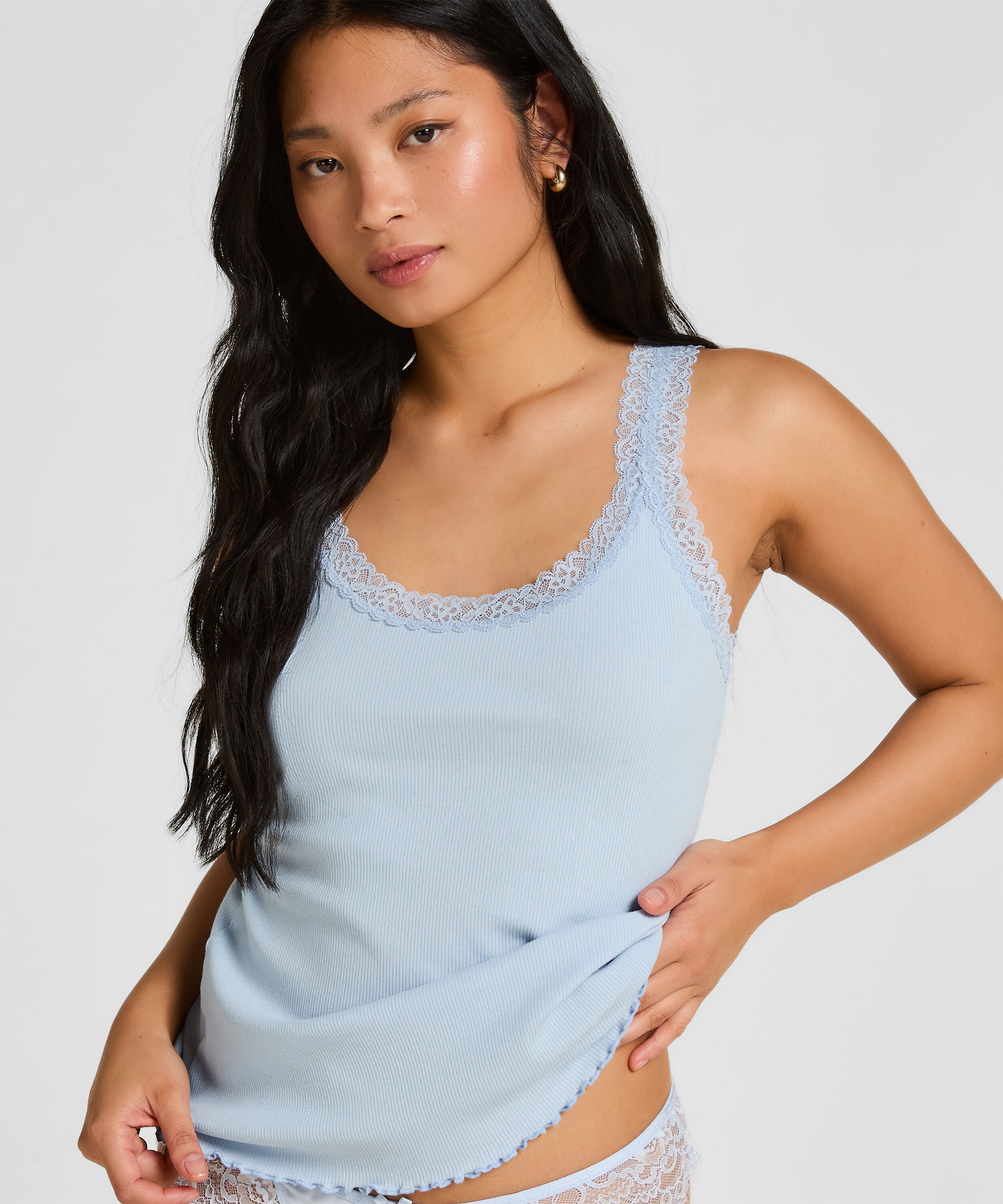 Camiseta de Tirantes de Punto Canalé con Encaje, Azul Camiseta de Tirantes de Punto Canalé con Encaje, Azul