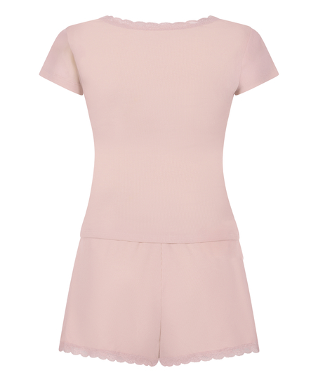 Conjunto de pijama acanalado con encaje, Rosa