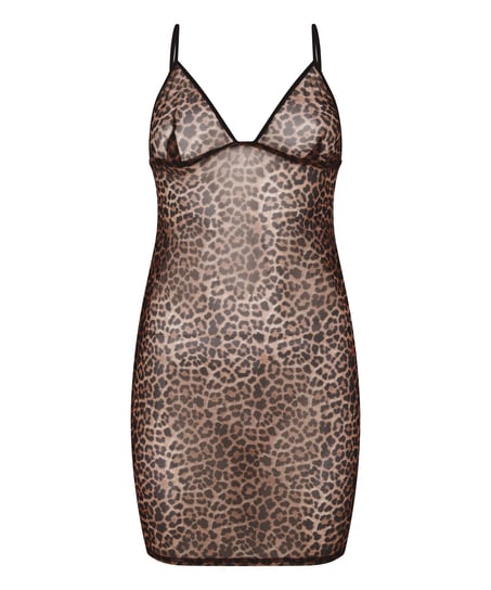 Vestido combinaci&oacute;n de malla de leopardo, Negro